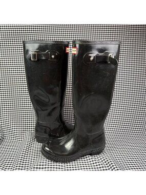 Hunter Original Tall Rain Boots Black Glossy Waterproof Buckle Wellies Size 8